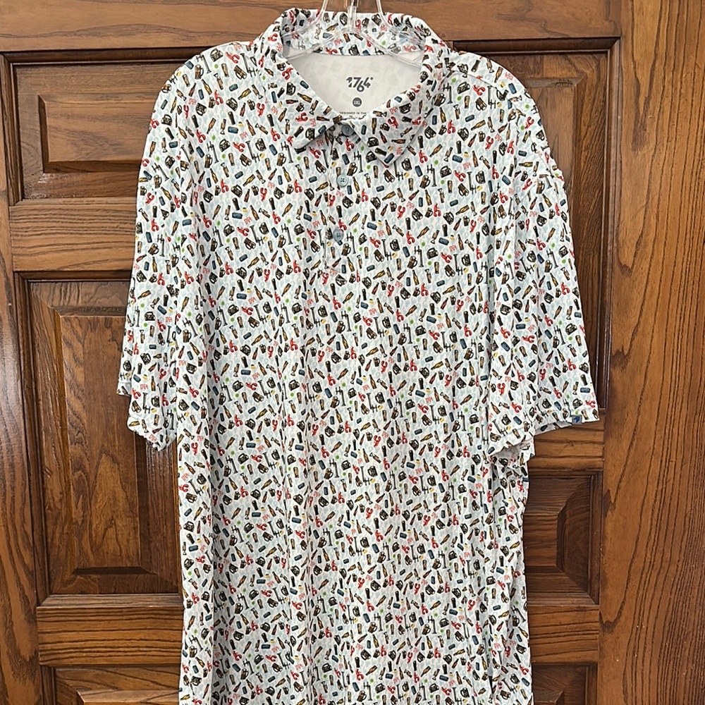 White Polo Shirt with Short Sleeves and Abstract Pattern